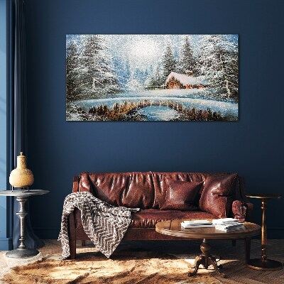 Glasbild Winterlandschaft mit einer Hütte im Wald