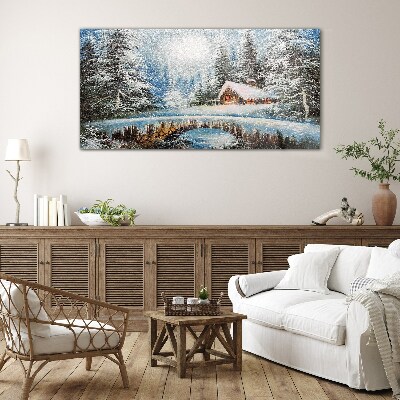 Glasbild Winterlandschaft mit einer Hütte im Wald