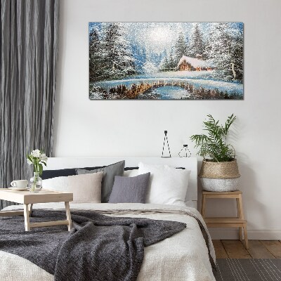 Glasbild Winterlandschaft mit einer Hütte im Wald