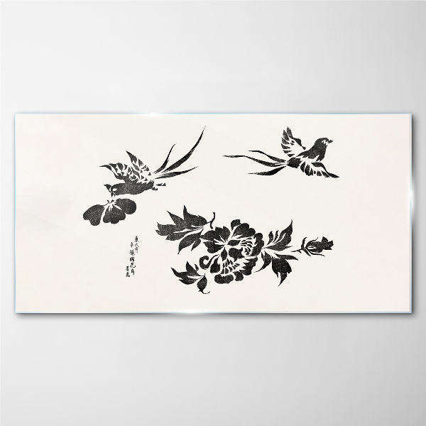 Glas bild Vögel und Blumen in Schwarz und Weiß