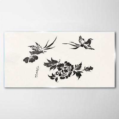 Glas bild Vögel und Blumen in Schwarz und Weiß
