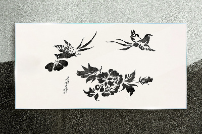 Glas bild Vögel und Blumen in Schwarz und Weiß