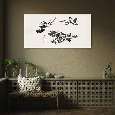 Glas bild Vögel und Blumen in Schwarz und Weiß
