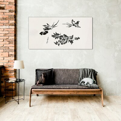 Glas bild Vögel und Blumen in Schwarz und Weiß