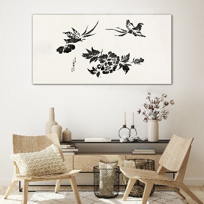 Glas bild Vögel und Blumen in Schwarz und Weiß