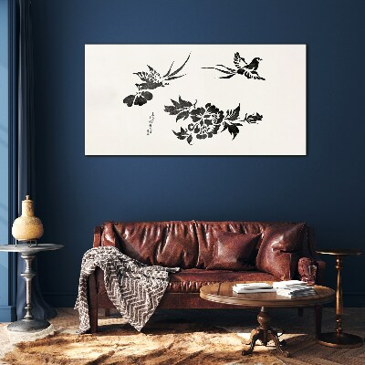Glas bild Vögel und Blumen in Schwarz und Weiß