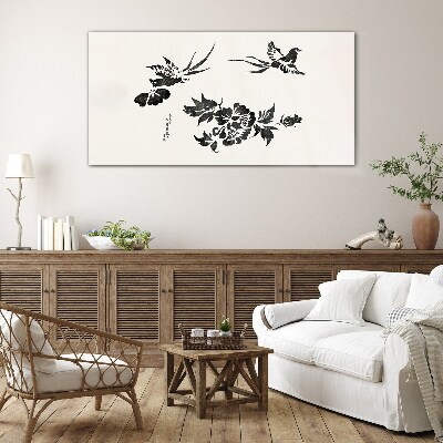 Glas bild Vögel und Blumen in Schwarz und Weiß