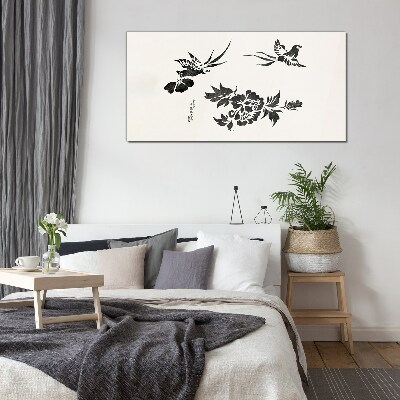 Glas bild Vögel und Blumen in Schwarz und Weiß