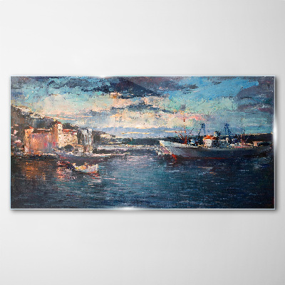 Glasbild Hafenlandschaft in der Abenddämmerung