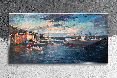 Glasbild Hafenlandschaft in der Abenddämmerung