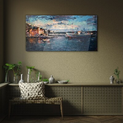 Glasbild Hafenlandschaft in der Abenddämmerung