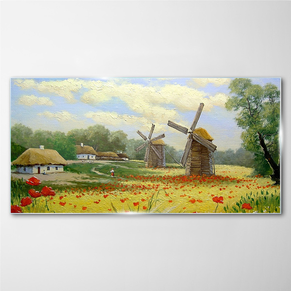 Glasbild Dorf Wolken Blumen Mohn