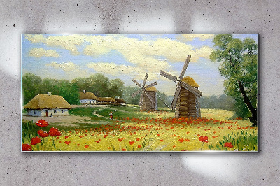 Glasbild Ländliche Landschaft mit Windmühlen