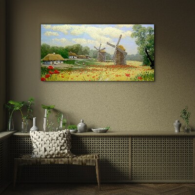 Glasbild Dorf Wolken Blumen Mohn