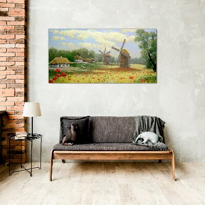 Glasbild Dorf Wolken Blumen Mohn