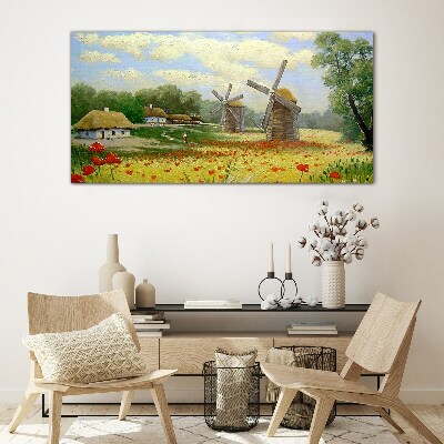 Glasbild Ländliche Landschaft mit Windmühlen