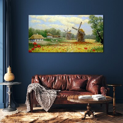Glasbild Ländliche Landschaft mit Windmühlen