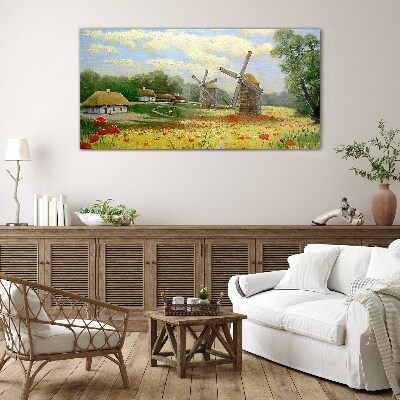 Glasbild Dorf Wolken Blumen Mohn