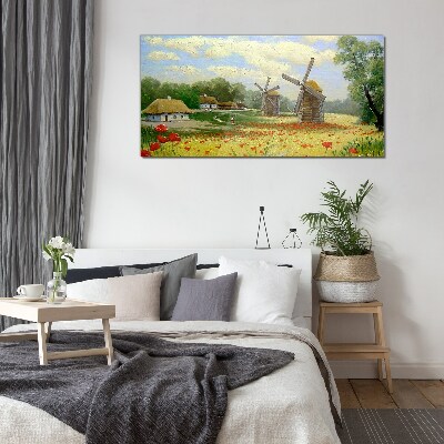 Glasbild Dorf Wolken Blumen Mohn