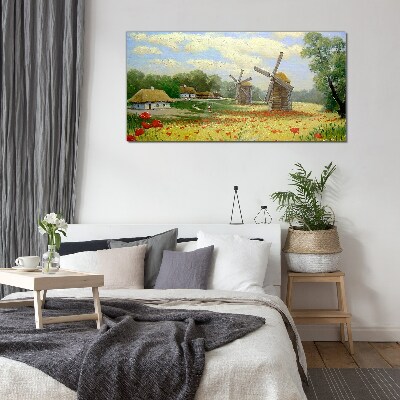 Glasbild Ländliche Landschaft mit Windmühlen