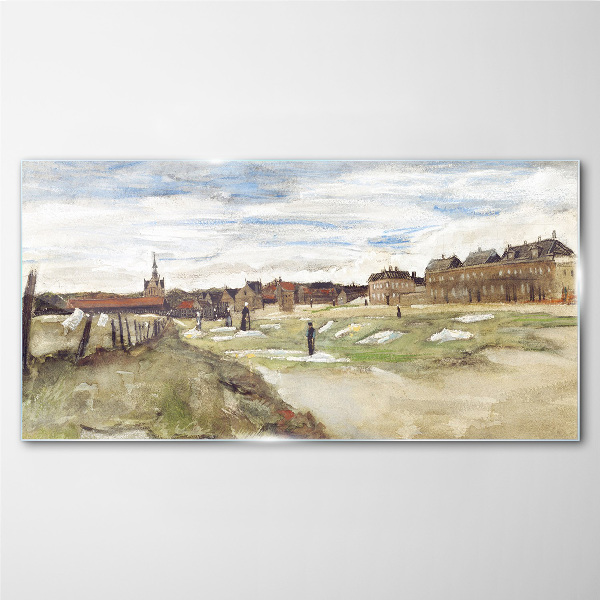 Glasbild Landschaft mit Figuren vor dem Hintergrund der Stadt