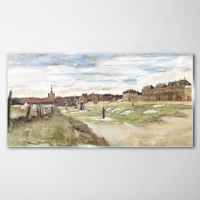 Glasbild Landschaft mit Figuren vor dem Hintergrund der Stadt