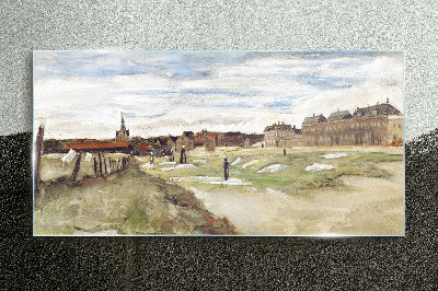 Glasbild Landschaft mit Figuren vor dem Hintergrund der Stadt