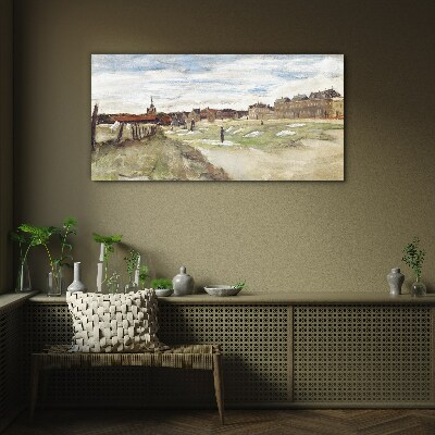 Glasbild Landschaft mit Figuren vor dem Hintergrund der Stadt
