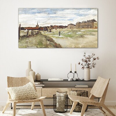 Glasbild Landschaft mit Figuren vor dem Hintergrund der Stadt