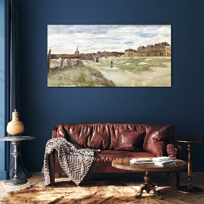 Glasbild Landschaft mit Figuren vor dem Hintergrund der Stadt