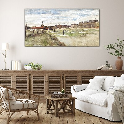 Glasbild Landschaft mit Figuren vor dem Hintergrund der Stadt