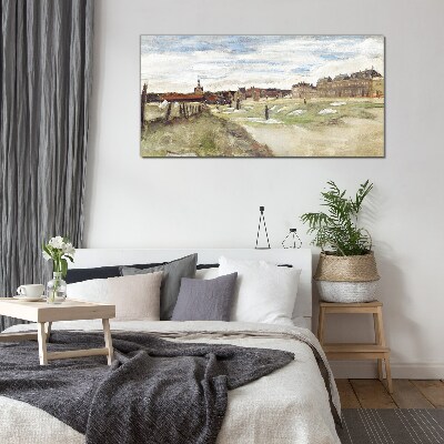 Glasbild Landschaft mit Figuren vor dem Hintergrund der Stadt