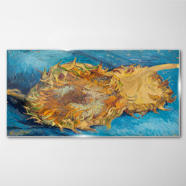 Glasbild Sonnenblume auf blauem Hintergrund