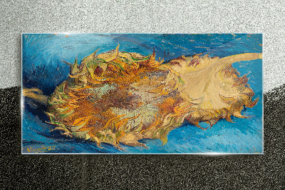 Glasbild Sonnenblume auf blauem Hintergrund