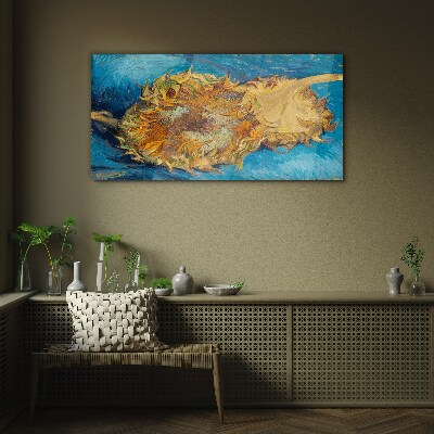 Glasbild Sonnenblume auf blauem Hintergrund