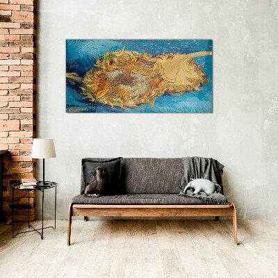 Glasbild Sonnenblume auf blauem Hintergrund