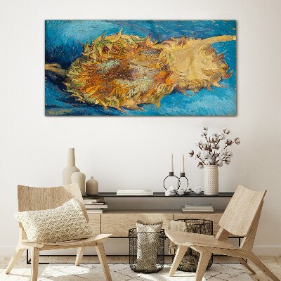 Glasbild Sonnenblume auf blauem Hintergrund