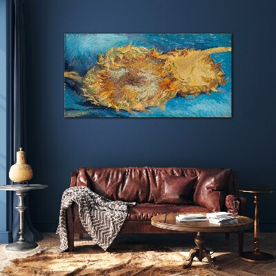 Glasbild Sonnenblume auf blauem Hintergrund