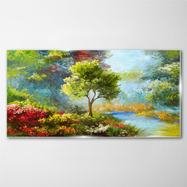 Glas bild Frühlingslandschaft mit einem Baum und Blumen