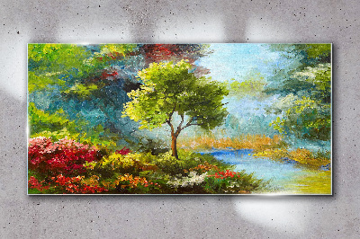 Glas bild Frühlingslandschaft mit einem Baum und Blumen