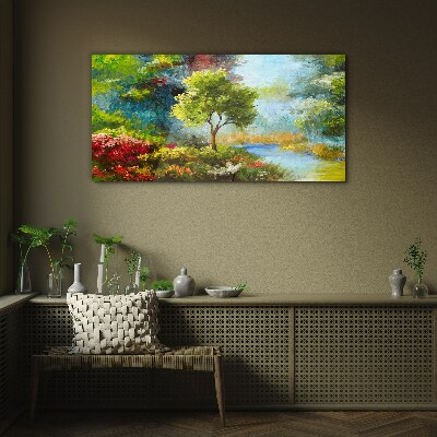 Glas bild Frühlingslandschaft mit einem Baum und Blumen
