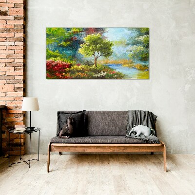 Glas bild Frühlingslandschaft mit einem Baum und Blumen