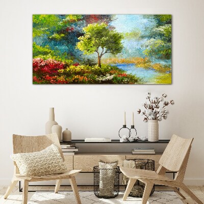 Glas bild Frühlingslandschaft mit einem Baum und Blumen