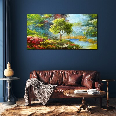 Glas bild Frühlingslandschaft mit einem Baum und Blumen