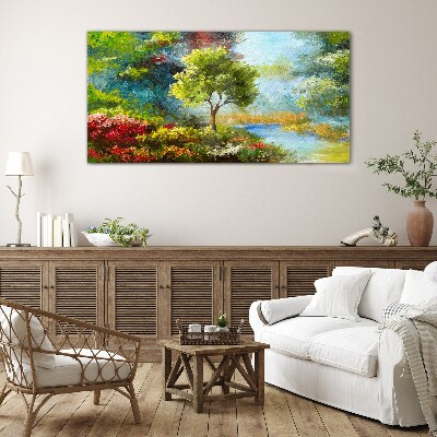 Glas bild Frühlingslandschaft mit einem Baum und Blumen