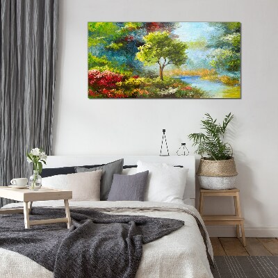 Glas bild Frühlingslandschaft mit einem Baum und Blumen