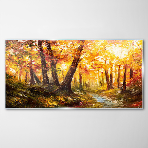 Glasbild Goldener Wald im Sonnenlicht
