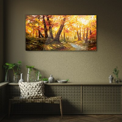 Glasbild Goldener Wald im Sonnenlicht