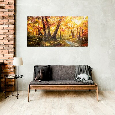 Glasbild Goldener Wald im Sonnenlicht