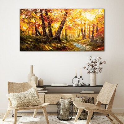 Glasbild Goldener Wald im Sonnenlicht